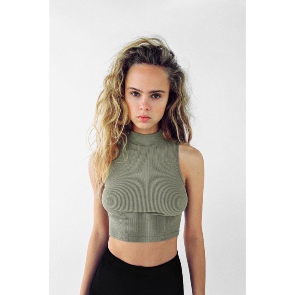 Zara Ribbed Sleeveless Mock Neck Crop Top in Green